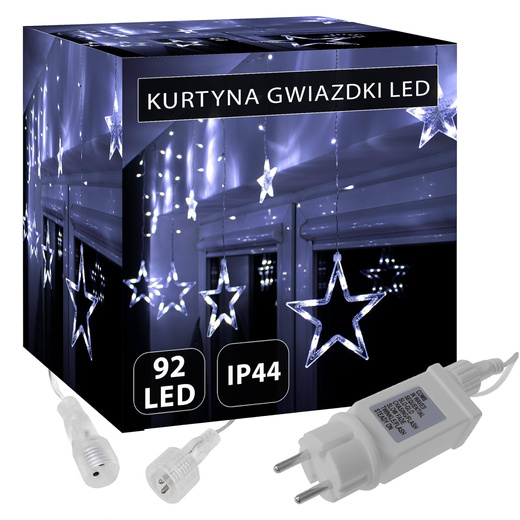 Kurtyna świetlna 92 led girlanda gwiazdki, lampki wewnętrzno-zewnętrzne sople zimny biały