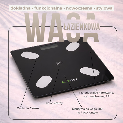 Waga łazienkowa, elektroniczna 180 kg szkło hartowane, LCD, z bluetooth, aplikacją czarna
