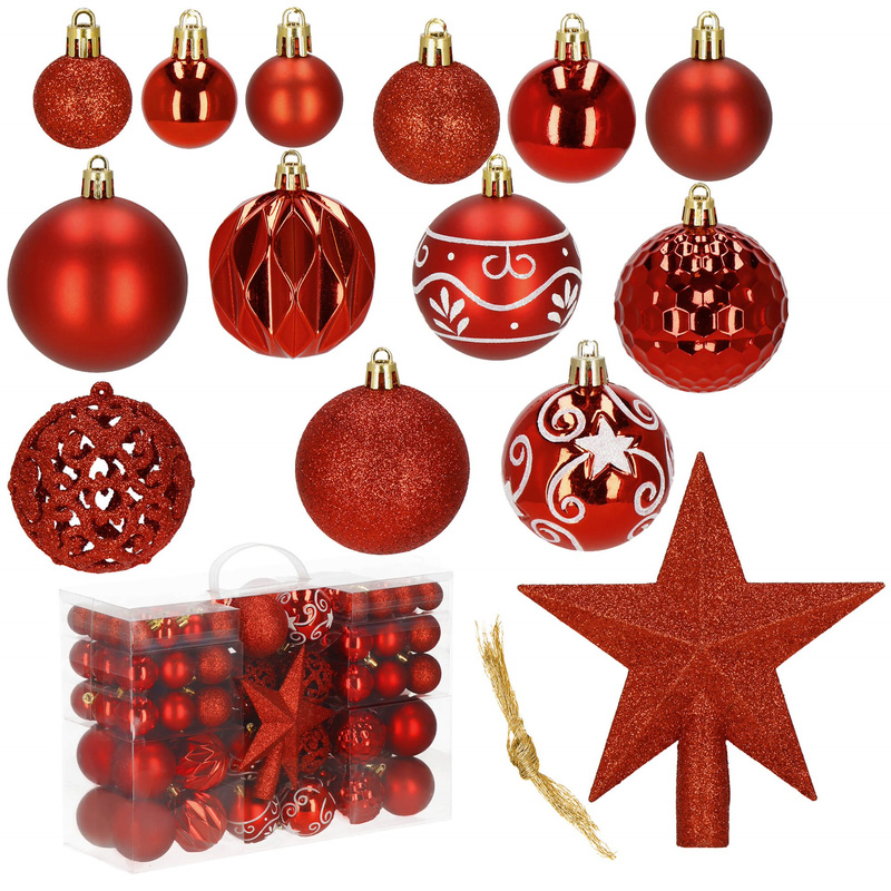 Bombki choinkowe 101 szt. ozdoby świąteczne zestaw z gwiazdą czerwone