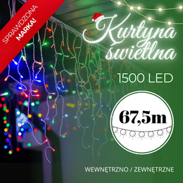 Kurtyna świetlna 1500 led girlanda, lampki wewnętrzno-zewnętrzne 67,5m sople multikolor
