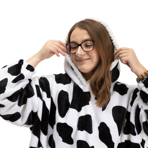 Kocobluza damska oversize koc bluza 2w1 z kapturem ciepła szlafrok futrzak czarno-biały