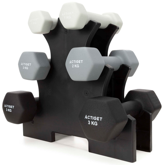 Hantle na stojaku zestaw 6 szt. obciążenia 1 kg, 2 kg, 3 kg do fitnessu, treningu domowego