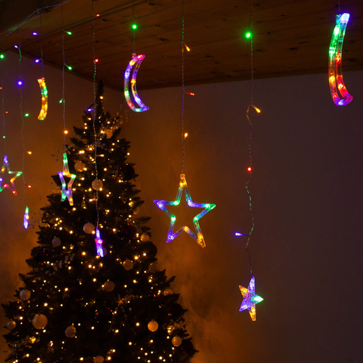 Kurtyna świetlna 138 Led girlanda gwiazdki księżyce lampki sople multikolor