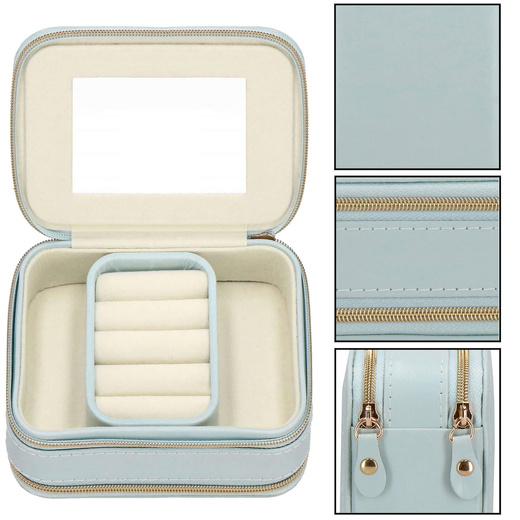 Szkatułka na biżuterię ekoskóra 11,5x8,5x5,5 cm błękitny organizer z przegródkami i lusterkiem