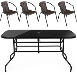 Meble ogrodowe metalowe zestaw stół 140x80 cm i 4 krzesła na taras balkon czarno-brązowe