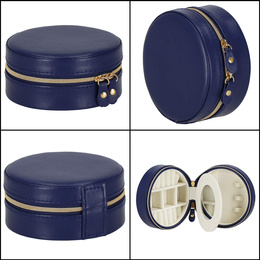 Szkatułka na biżuterię okrągła 11x5 cm granatowy organizer z przegródkami ekoskóra