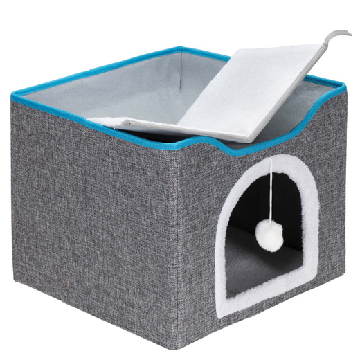 Legowisko dla kota z zabawką i drapakiem 42x41x34 cm koci domek, posłanie szare