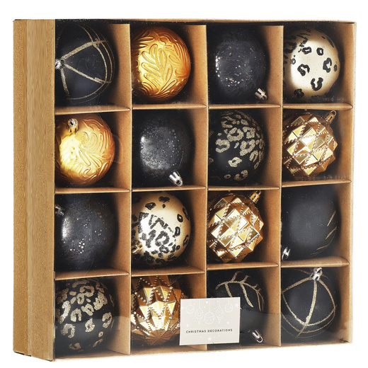 Bombki choinkowe 16 szt. czarny, złoty zestaw choinkowy