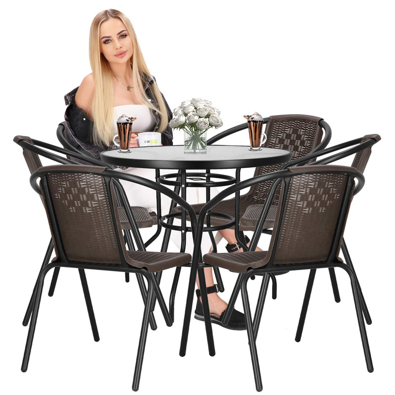 Meble tarasowe stolik kawowy ze szkła hartowanego, 6 krzeseł metalowych czarno-brązowe