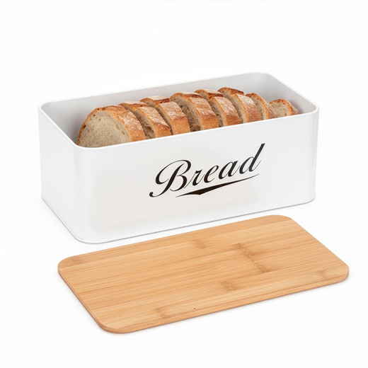 Chlebak metalowy, zamykany z bambusową deską, pojemnik na pieczywo, biały