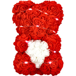 Miś z płatków róż czerwony z sercem, 22 cm rose bear z lampkami LED biały zimny