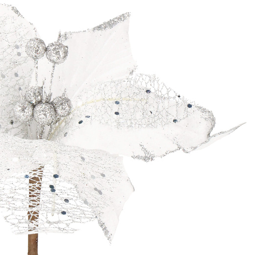 Gwiazda betlejemska 23 cm sztuczny kwiat, poinsecja biała z brokatem