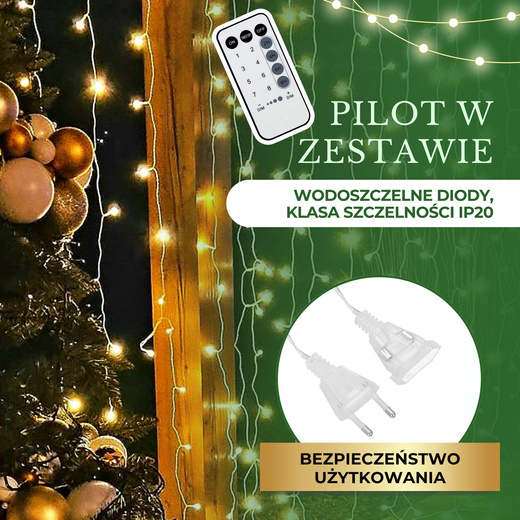 Kurtyna świetlna 300 led girlanda, lampki sople biały ciepły