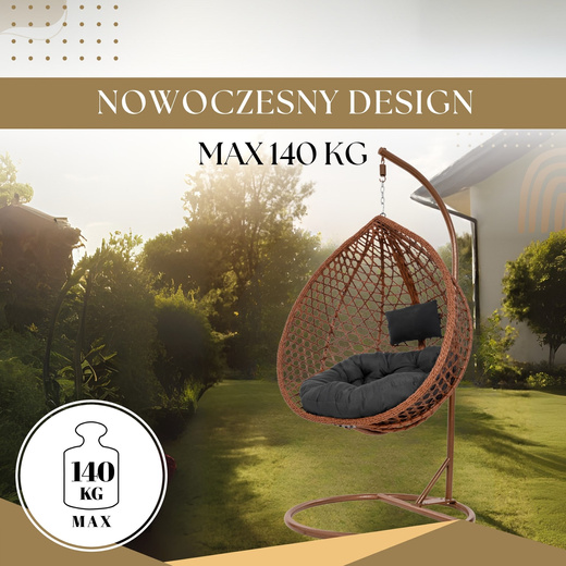 Kokon ogrodowy rattanowy z poduszkami fotel wiszący bujak huśtawka na metalowym stelażu brązowa