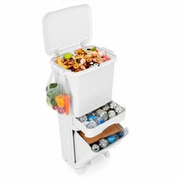 Kosz na śmieci, trzykomorowy 42 l do segregacji odpadów, na kółkach, biały