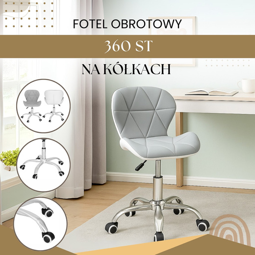 Fotel biurowy obrotowy krzesło na kółkach, do nauki, pracy przed komputerem szaro-białe