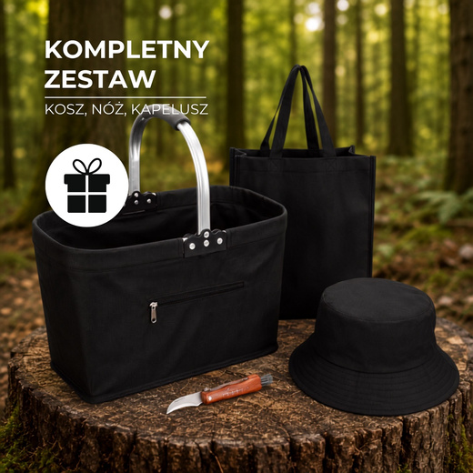 Zestaw akcesoriów grzybiarza: kosz na grzyby, nóż, miotełka, kapelusz do lasu, czarny