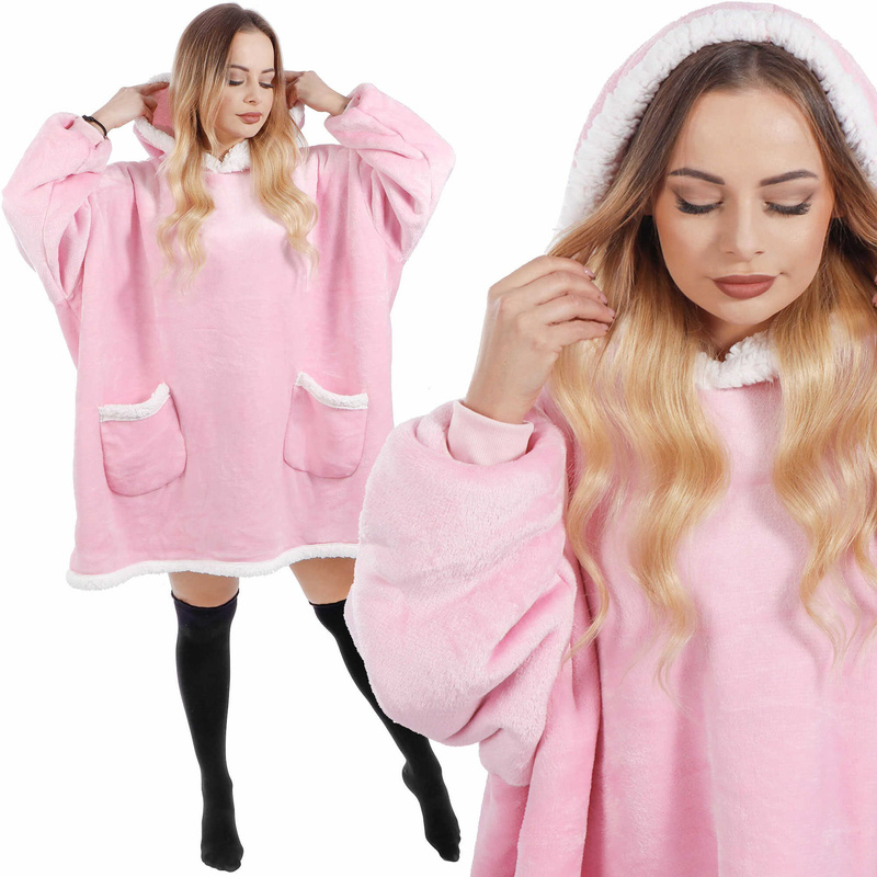 Kocobluza damska oversize koc bluza 2w1 z kapturem ciepła różowa