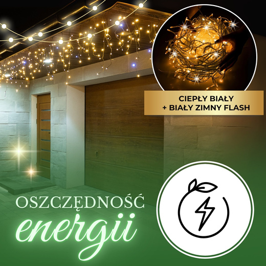 Kurtyna świetlna 500 led girlanda, lampki wewnętrzno-zewnętrzne 22,5 m sople biały ciepły + flash