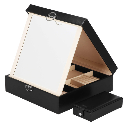 Szkatułka na biżuterię ekoskóra 25 x 25 x 8,5 cm czarny organizer z przegródkami i lusterkiem