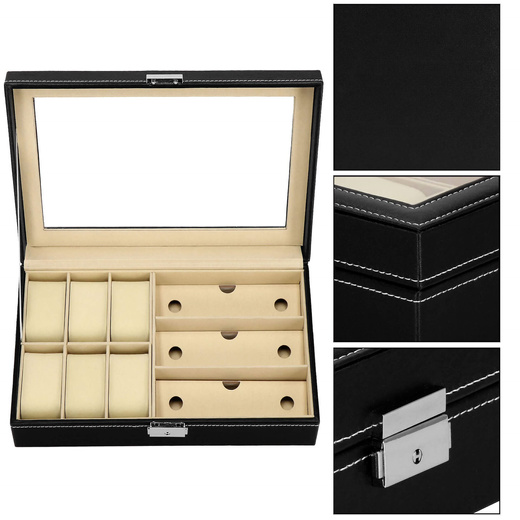 Szkatułka na zegarki 30x20x8cm czarno-kremowy, ekoskóra organizer z przegródkami i lusterkiem