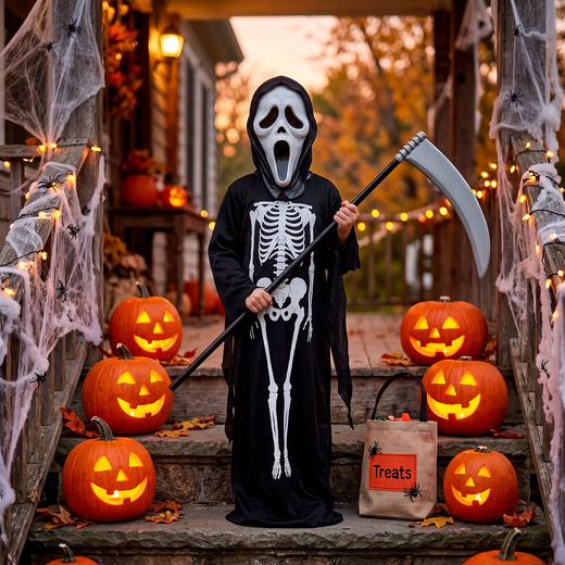 Strój na Halloween dla dzieci kostium śmierć z maską, peleryną i kosą kostucha przebranie