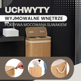 Kosz na pranie 100l z pokrywą bambusowy, dwukomorowy jasnobrązowy