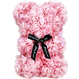 Miś z płatków róż różowy 22 cm rose bear z lampkami LED biały zimny