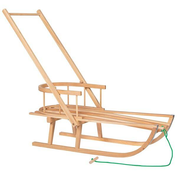 Drewniane sanki z oparciem i pchaczem