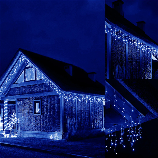 Kurtyna świetlna 300 led girlanda, lampki wewnętrzno-zewnętrzne 14,5 m sople niebieski z zimnym białym flash