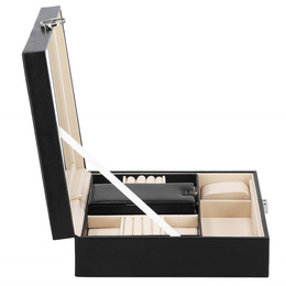Szkatułka na biżuterię ekoskóra 25 x 25 x 8,5 cm czarny organizer z przegródkami i lusterkiem