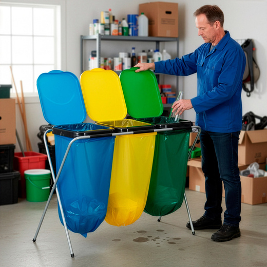 Stelaż na trzy worki do segregacji odpadów, stojak z pokrywami na śmieci