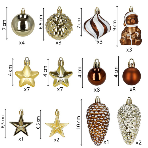 Bombki choinkowe 47 szt. zestaw dekoracji świątecznych, nietłukące, brązowy, złoty, biały