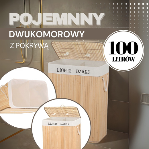 Kosz na pranie 100 L z pokrywą naturalny bambus