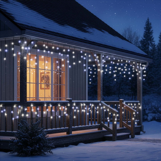 Kurtyna świetlna 50 Led lampki zewnętrzne sople 2,5 m zimny biały + zimny biały flash