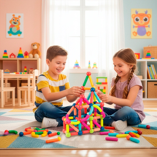 Klocki magnetyczne, konstrukcyjne 3D duży zestaw 128 szt. patyczki kulki