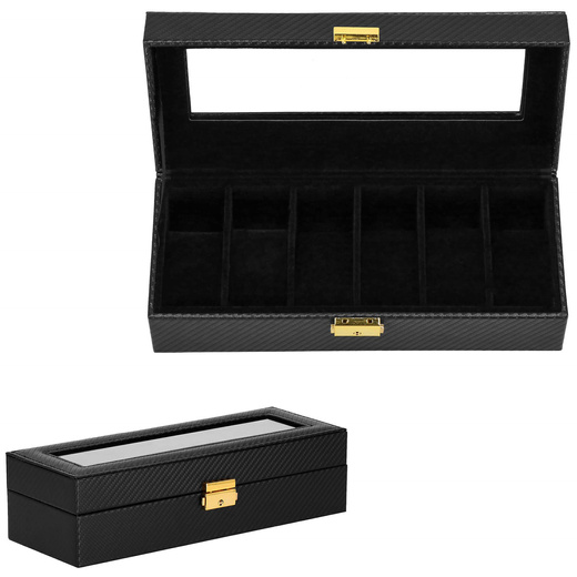 Szkatułka na zegarki 30x11x8 cm czarna ekoskóra organizer z 6 przegródkami