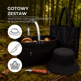 Zestaw akcesoriów grzybiarza: kosz na grzyby, nóż, miotełka, kapelusz do lasu, czarny