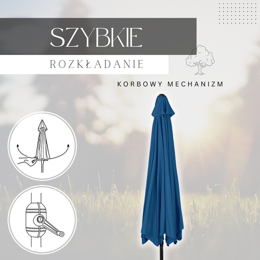 Parasol ogrodowy składany 300 cm duży z korbką na balkon taras granatowy