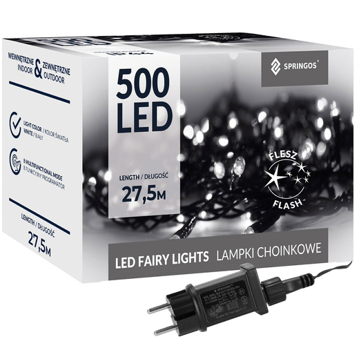 Lampki choinkowe 500 led biały zimny + flash 25m oświetlenie świąteczne IP44