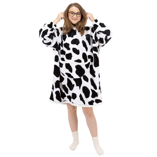 Kocobluza damska oversize koc bluza 2w1 z kapturem ciepła szlafrok futrzak czarno-biały