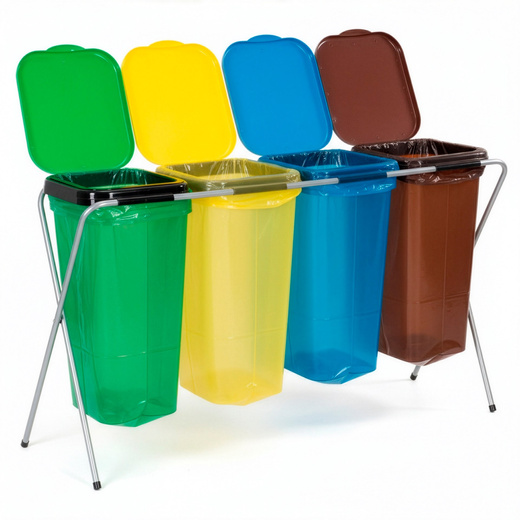 Stojak na worki na śmieci 4 komory kosz do segregacji odpadów, stelaż z pokrywami
