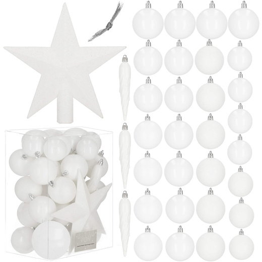 Bombki choinkowe 33 szt. ozdoby świąteczne zestaw z gwiazdą białe