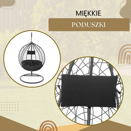 Kokon ogrodowy rattanowy z poduszkami fotel wiszący bujak huśtawka na metalowym stelażu szara