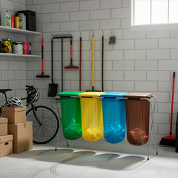 Stojak na worki na śmieci 4 komory kosz do segregacji odpadów, stelaż z pokrywami