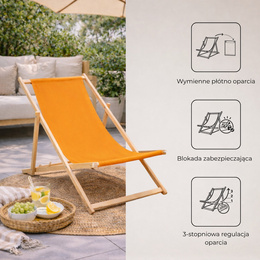 Leżak ogrodowy, drewniany z 3-stopniową regulacją, plażowy, balkonowy, pomarańczowy