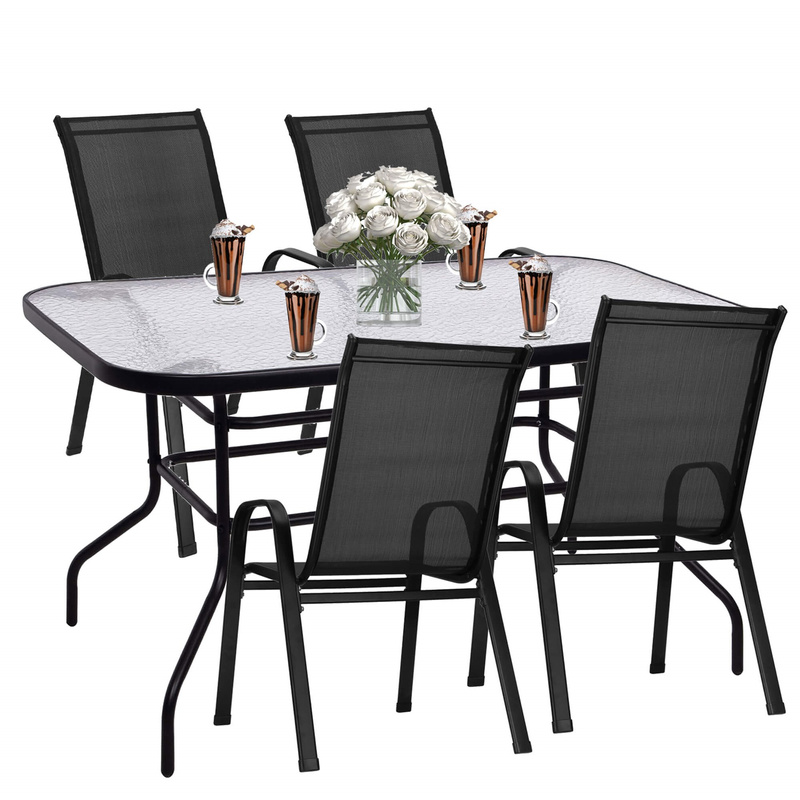 Meble ogrodowe 4 krzesła, stół ze szkłem hartowanym zestaw na taras czarny