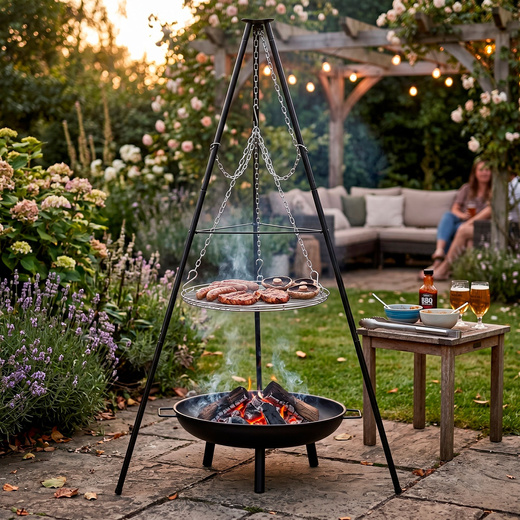 Grill ogniskowy, wiszący na stojaku z regulacją wysokości, palenisko, ruszt 50 cm