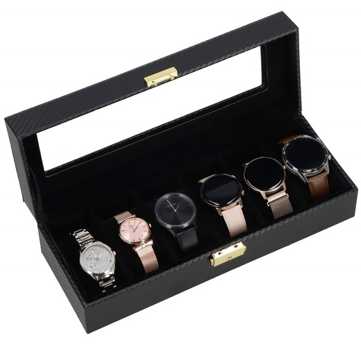 Szkatułka na zegarki 30x11x8 cm czarna ekoskóra organizer z 6 przegródkami