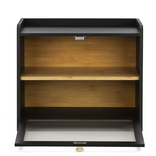 Chlebak bambusowy duży zamykany dwupoziomowy z okienkiem szafka na pieczywo czarna